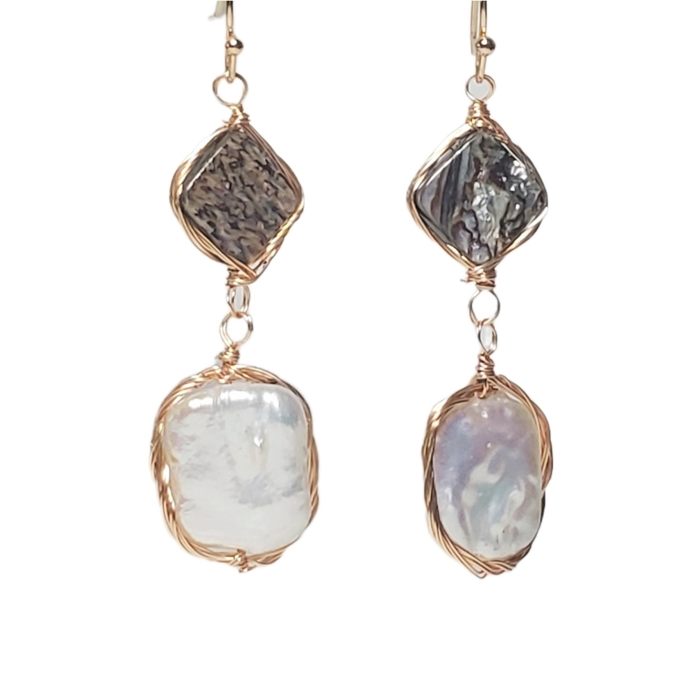 Abalone Shell And Freshwater Pearl Drop Earrings - Picture 4 of 7